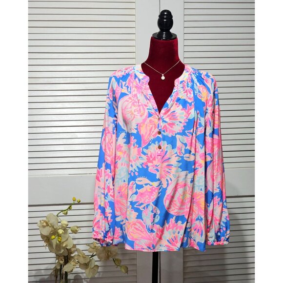Lilly Pulitzer Tops - Lilly Pulitzer Women's Pink Blue ELSA 100% Silk SEASHELLS CRABS Blouse Sz L 2895